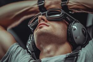 A man wearing goggles and a helmet photo