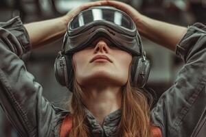 A woman wearing a helmet and headphones photo