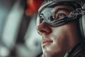 A close up of a man wearing goggles photo