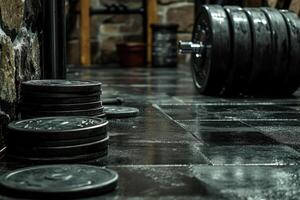 A gym room with a barbell and weights photo