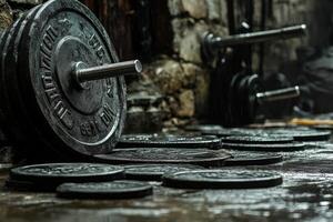 A group of weights and a barbell on the ground photo