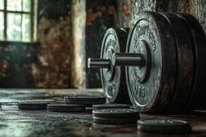 Two dumbbells and a barbell on a wooden floor photo