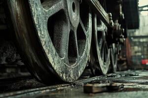 A close up of a train wheel with a rusty rim photo