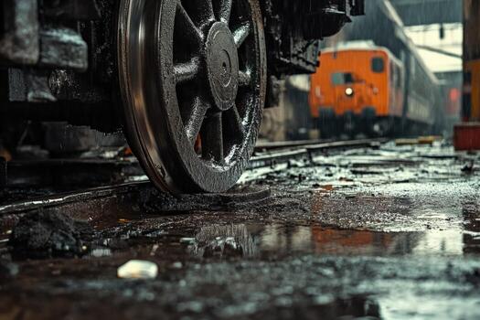 A train is parked on the tracks in the rain photo