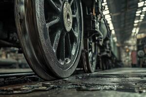 A close up of a train wheel in a factory photo