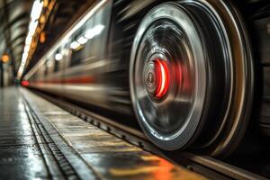 A blurry image of a train moving through a station photo