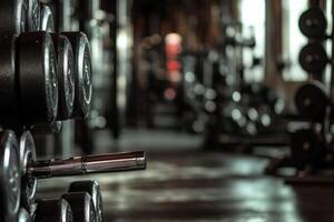 A row of dumbbells in a gym photo