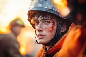 A man in a fireman's helmet with blood on his face photo