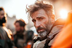 A man with a beard and beard standing in front of other people photo