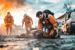Firefighters helping a man who is lying on the ground photo