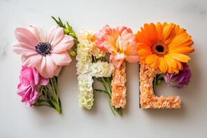 Flowers arranged in the word love photo