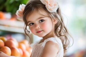 A little girl is standing in front of a bunch of peaches photo