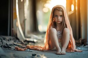 A little girl sitting on the ground in an abandoned building photo