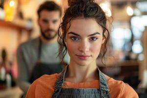 A woman in an apron standing in front of a man photo