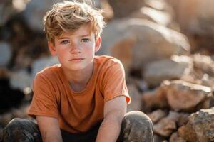 A young boy sitting on the ground with his hands on his knees photo