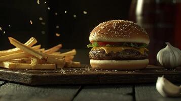 Close-up of a hamburger with fries and garlic on a wooden board against a dark background photo