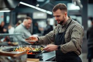 A man in an apron is serving food to a customer photo