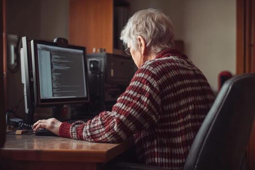 An older woman is sitting at a desk using a computer photo