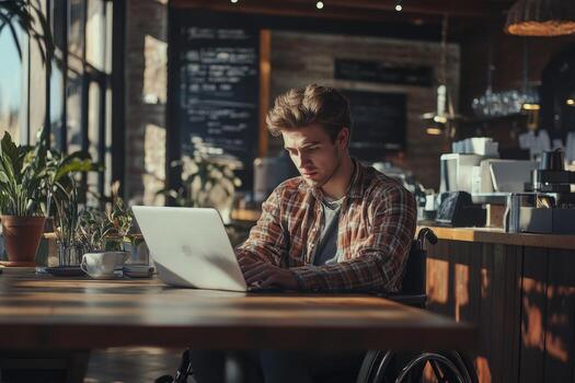 un hombre en un silla de ruedas utilizando un ordenador portátil foto