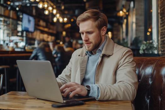 un hombre sentado a un mesa con un ordenador portátil foto