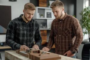 Two men working on a model of a building photo