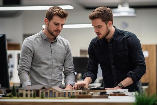 dos hombres mirando a un modelo de un edificio foto