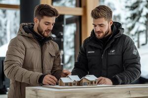 Two men looking at a model of a house photo