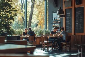 People sitting at tables in a restaurant photo