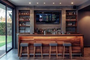 A home bar with a television on the wall photo