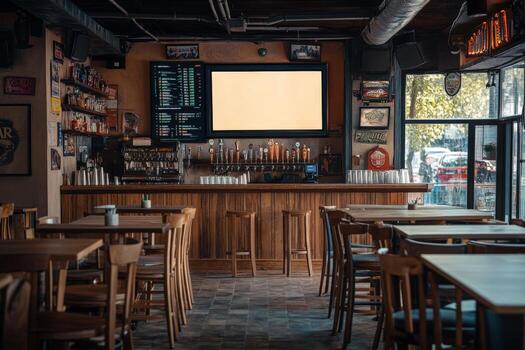 A bar with wooden tables and chairs photo