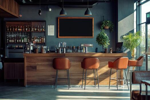 un bar con un de madera mostrador y taburetes foto