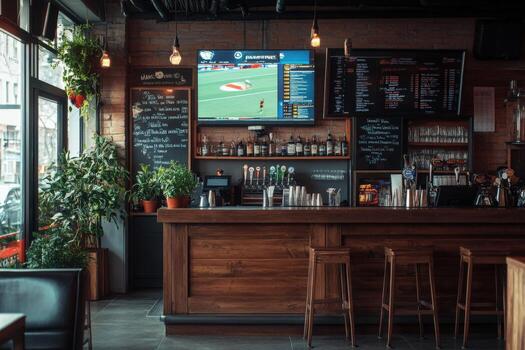 A bar with a tv and a table photo