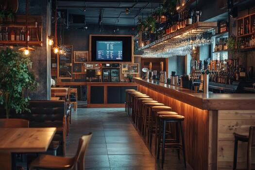 A bar with wooden tables and stools photo