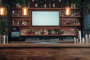 A bar with a large screen on the wall photo