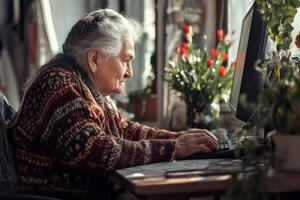 An elderly woman is sitting at a desk using a computer photo