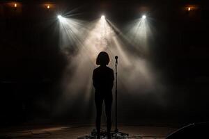 A silhouette of a woman standing in front of a microphone photo
