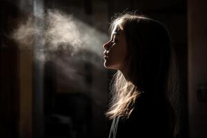 A girl is blowing smoke from her mouth photo
