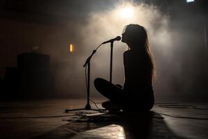 A woman sitting on the floor with a microphone photo