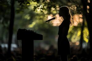 Silhouette of a woman standing at a podium in the park photo
