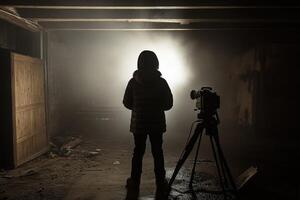 A person standing in an old abandoned building with a camera photo