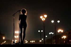 A woman is standing in front of a microphone at night photo