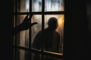 A person is standing in front of a window with a hand reaching out photo