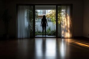 A silhouette of a woman standing in a doorway photo