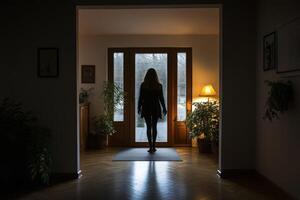 A woman is walking into a house at night photo