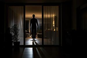 A silhouette of a man standing in a dark room photo