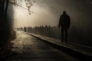 A man walking down a path in the fog photo