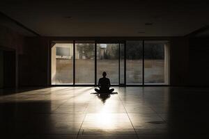 A person sitting in a room with the sun shining through the window photo
