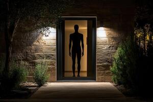 A silhouette of a man is seen through a door at night photo