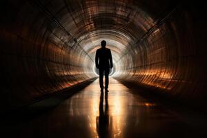 A man standing in the middle of a dark tunnel photo