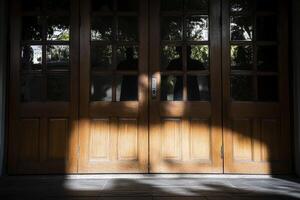 A wooden door with a light shining through it photo